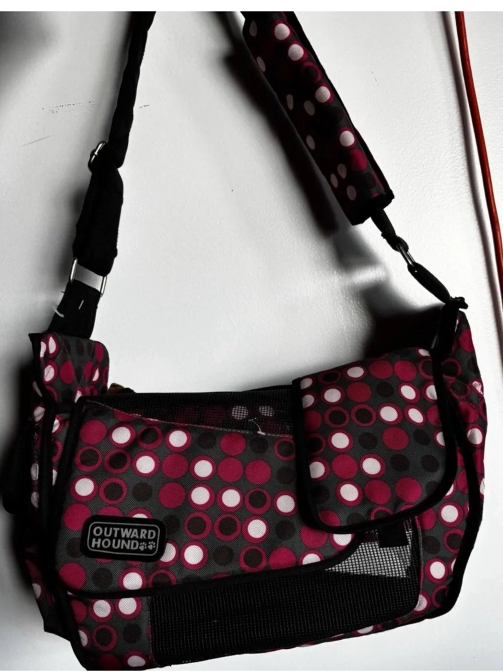 Outward Hound Black and Pink Polka Dot Crossbody Pet Carrier